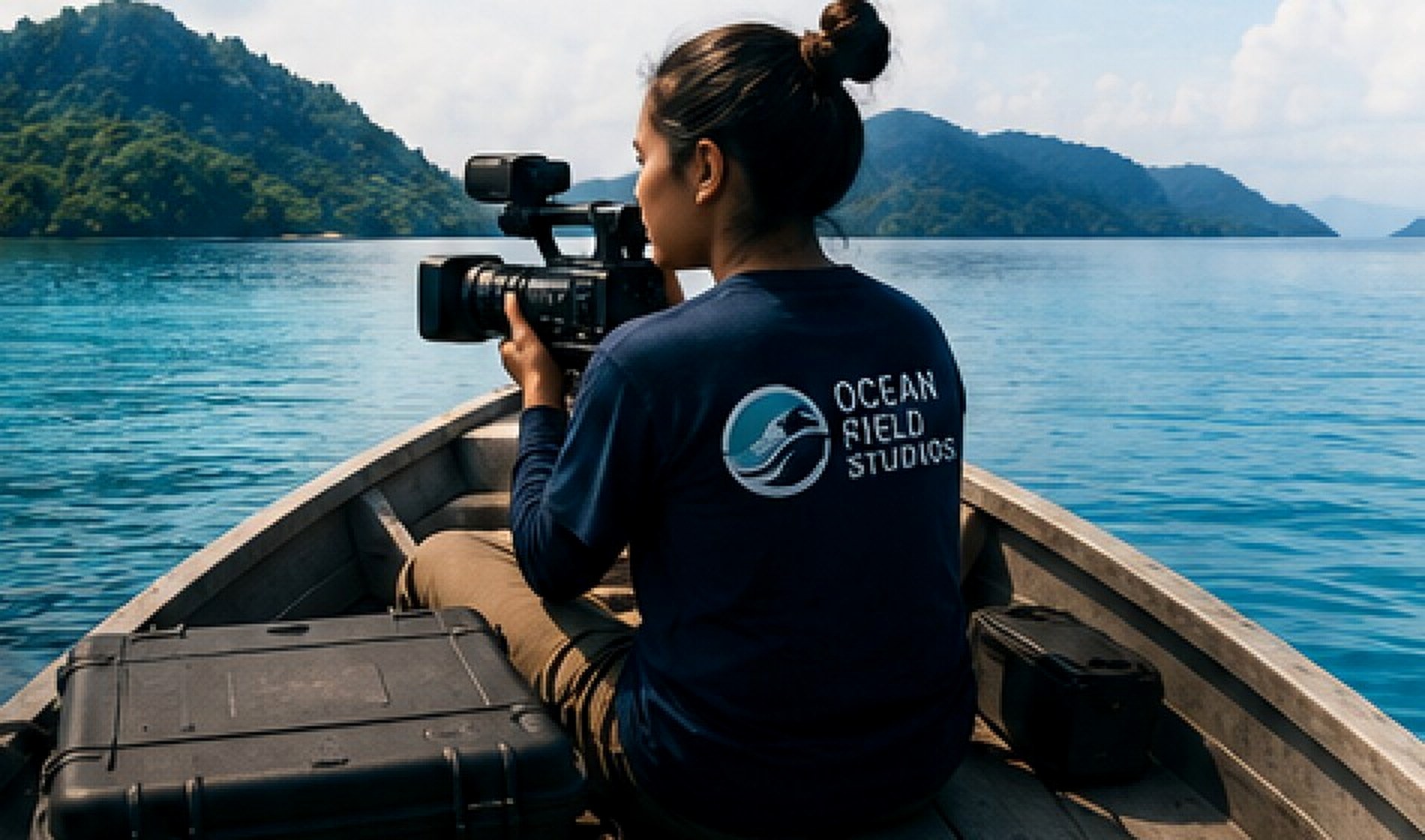 Field filmmaker on a small boat with remote island coastline in the background